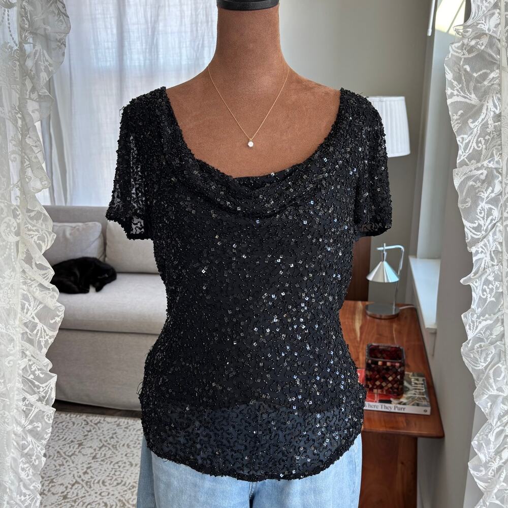 90s Vintage Papell Boutique Black Beaded Sequin Blouse 100% Silk Petite Medium